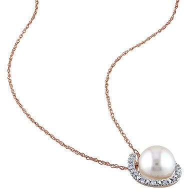 Stella Grace 10k Rose Gold Freshwater Cultured Pearl & Diamond Accent Swirl Halo Pendant Necklace