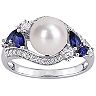 Stella Grace 10k White Gold Freshwater Cultured Pearl, Lab-Created Blue & White Sapphire Fashion Ring