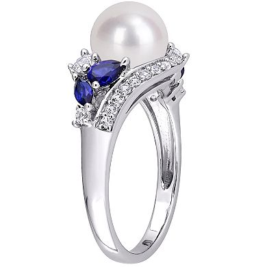 Stella Grace 10k White Gold Freshwater Cultured Pearl, Lab-Created Blue & White Sapphire Fashion Ring