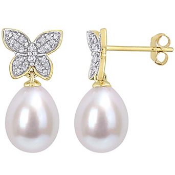 Stella Grace 10k Gold Freshwater Cultured Pearl & 1/8 Carat T.W Diamond Butterfly Drop Earrings