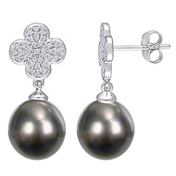 Stella Grace 10k White Gold Tahitian Cultured Pearl & Diamond Flower Drop Earrings