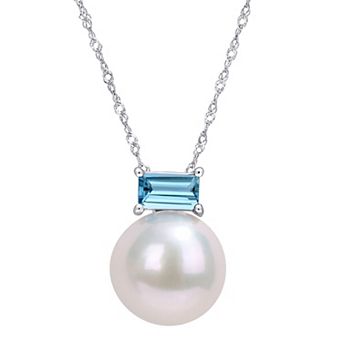 Stella Grace 10k White Gold Freshwater Cultured Pearl & Blue Topaz Stud Pendant Necklace