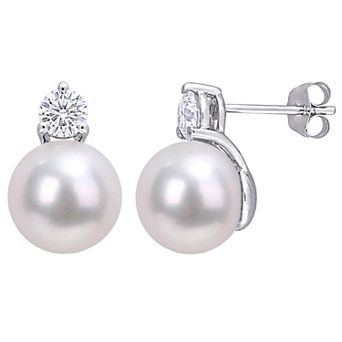 Stella Grace 14k White Gold Freshwater Cultured Pearl & Lab-Created Moissanite Stud Earrings