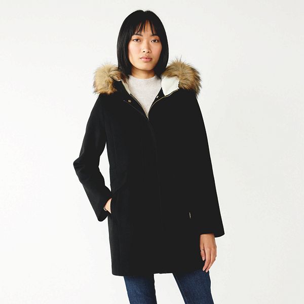 Wool blend coat with faux fur lined hood for women