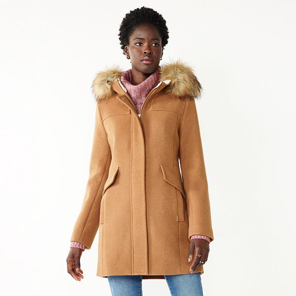 Faux Fur Hood Sherpa Lined Wool Blend Coat, Long Wool Coat With Fur Trimmed Hoodie