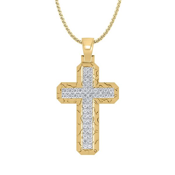 Men's 14k Gold Over Silver 1 Carat T.W. Diamond Cross Pendant Necklace