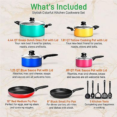 Nutrichef 15 Piece Nonstick Kitchen Pots Pans Utensils Cookware Set, Multicolor