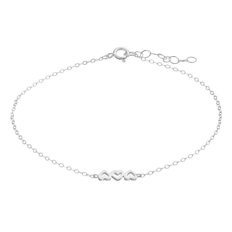 Aleure Precioso Sterling Silver 3 Heart Station Anklet, Womens, Size: 9