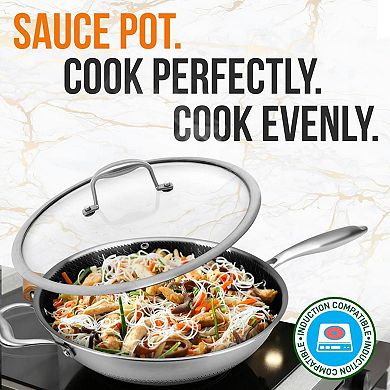 NutriChef 12" Stainless Steel Nonstick Cooking Wok Stir Fry Pan with Lid, Silver