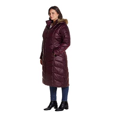 Plus Size Gallery Faux-Fur Hood Chevron Long Puffer Coat