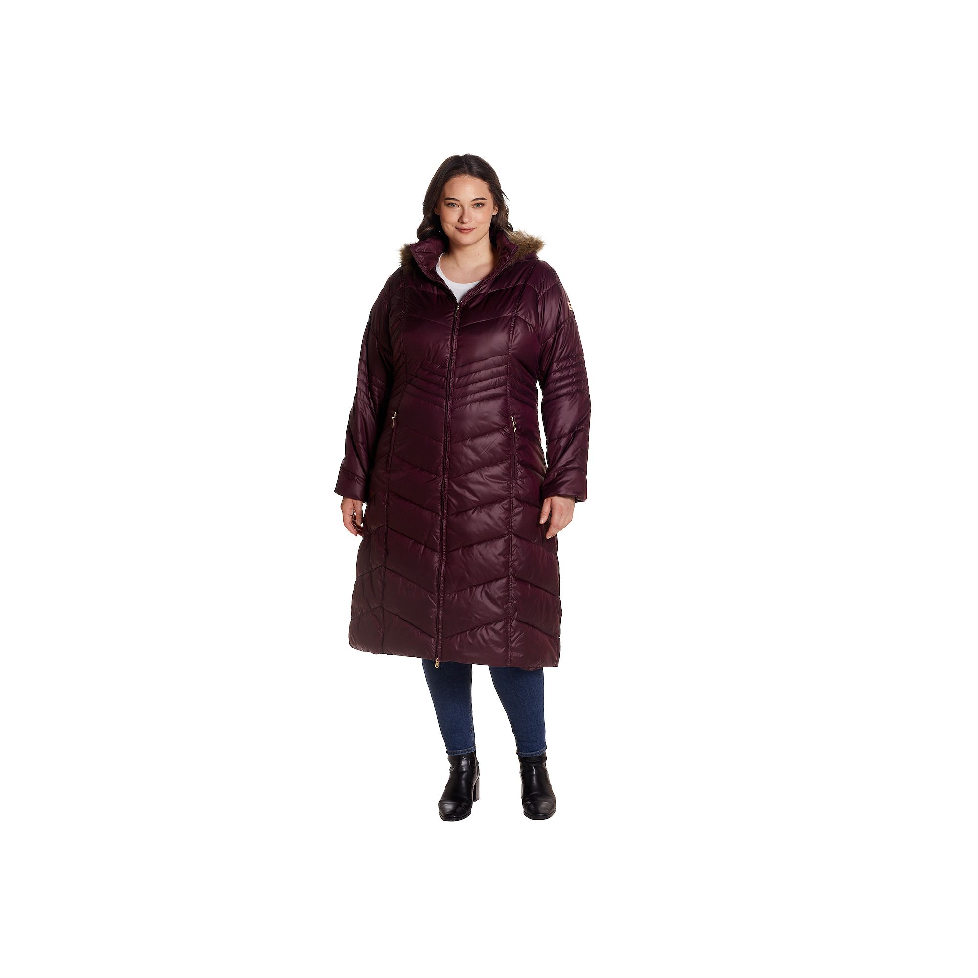 Plus Size Gallery Faux-Fur Hood Chevron Long Puffer Coat, Womens, Size: 1X