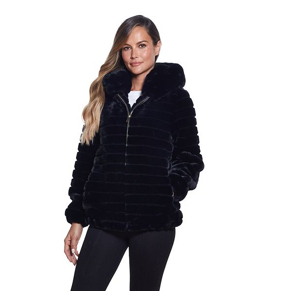 Women's Gallery Hooded Grooved Faux-Fur Jacket