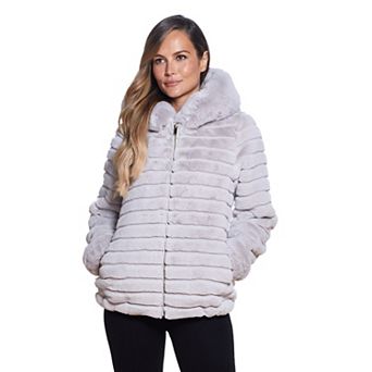 Women's Gallery Hooded Grooved Faux-Fur Jacket