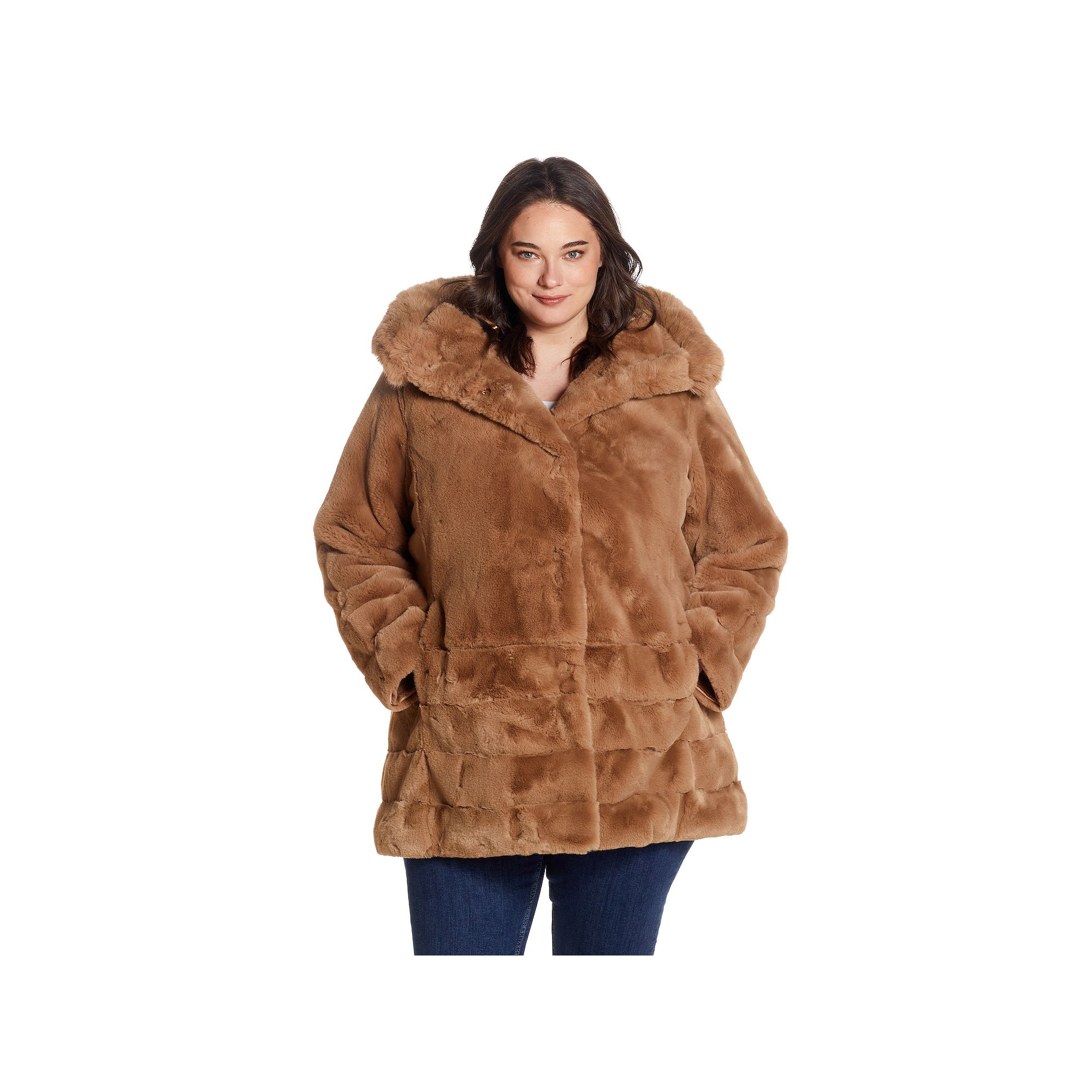 Plus Size Gallery Hooded Faux-Fur Jacket, Womens, Size: 1XL, Camel
