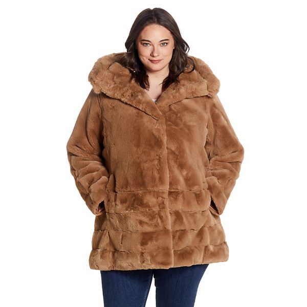 Gallery Hooded Faux Fur Coat in Camel