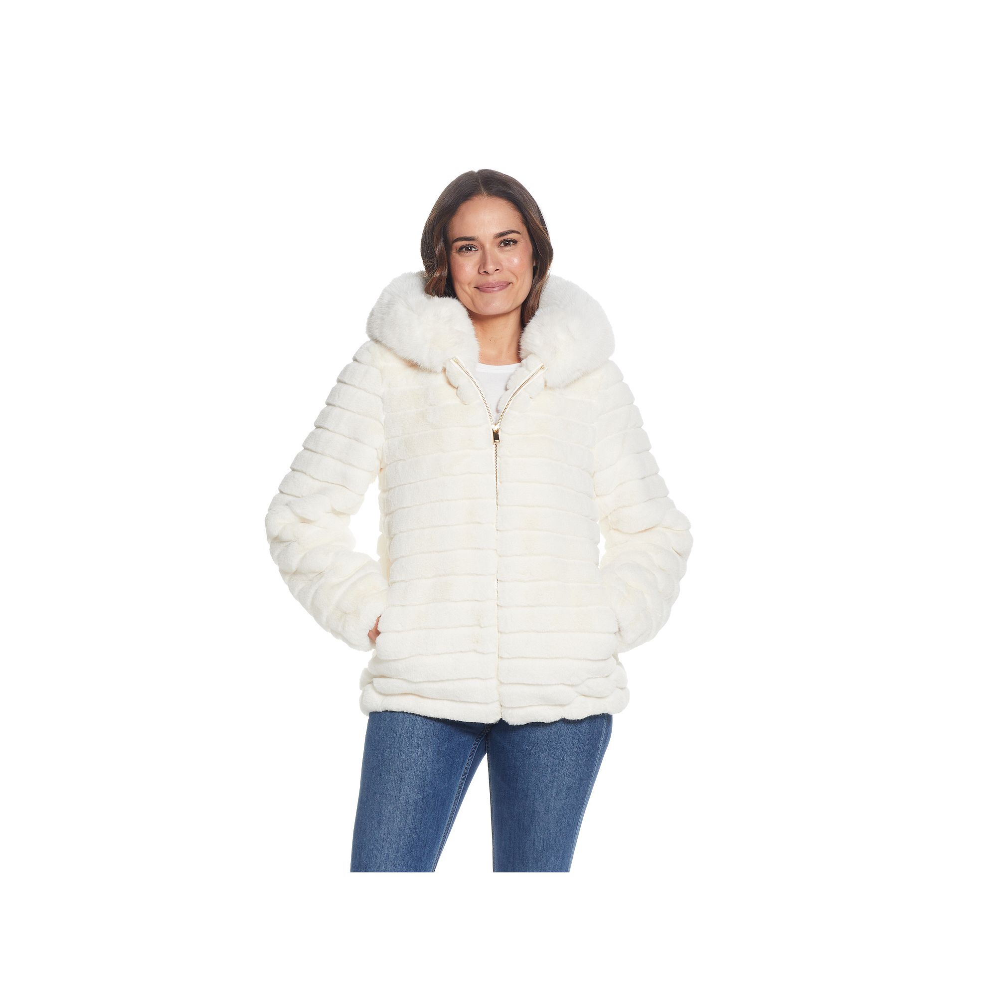 Plus Size Gallery Hooded Faux-Fur Zip-Up Jacket, Womens, Size: 1XL, Ivory