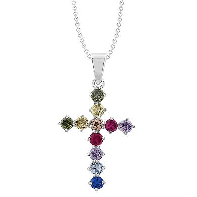 OLIVIA AND HARPER Sterling Silver Multi-Color Cubic Zirconia & Lab-Created Ruby Cross Necklace