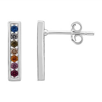 OLIVIA AND HARPER Sterling Silver Multi-Color Cubic Zirconia, Lab-Created Ruby & Lab-Created Pink Sapphire Stud Bar Earrings