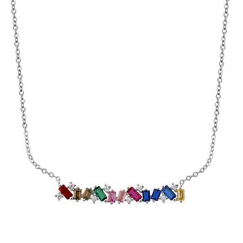 OLIVIA AND HARPER Sterling Silver Multi-Color Cubic Zirconia, Lab-Created Ruby & Lab-Created Pink Sapphire Bar Necklace