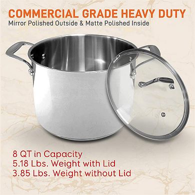 NutriChef Heavy Duty 8 Quart Stainless Steel Soup Stock Pot with Handles and Lid