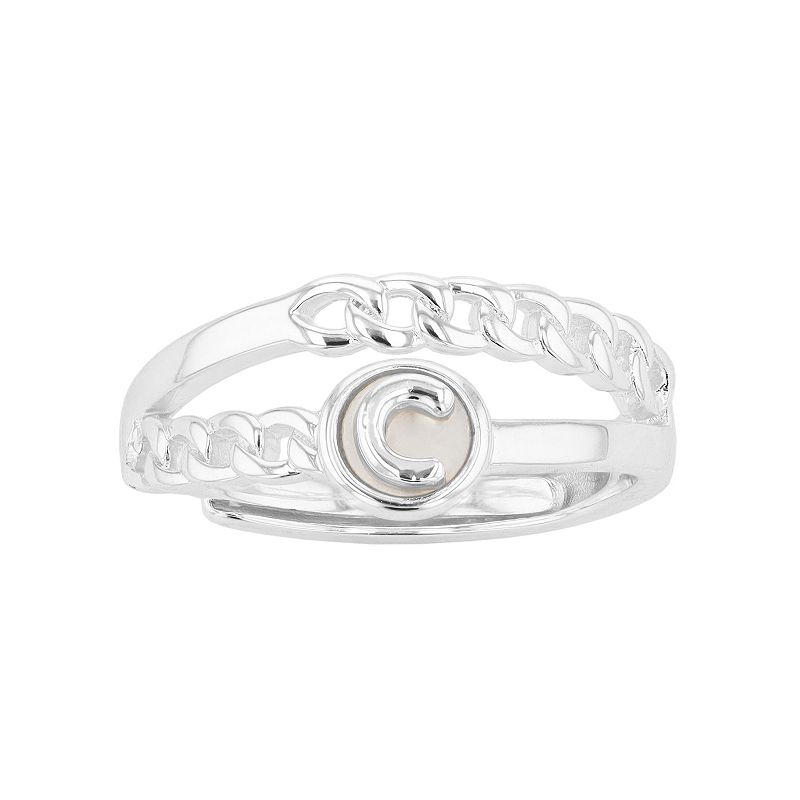 City Luxe Silver Tone Mother-of-Pearl Initial Disk Chain Band Ring, Womens