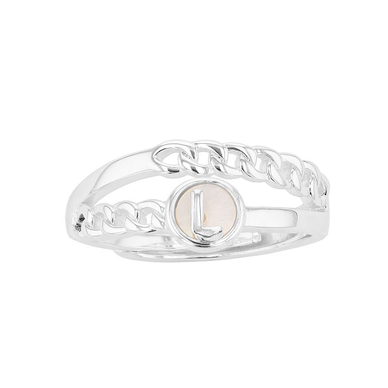City Luxe Silver Tone Mother-of-Pearl Initial Disk Chain Band Ring, Womens