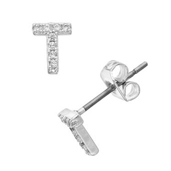 City Luxe Silver Tone Cubic Zirconia Pave Initial Stud Earrings