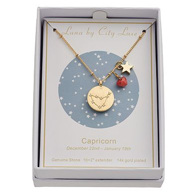 City Luxe Gold Tone Horoscope Cubic Zirconia Disk and Simulated Gemstone Charm Necklace 