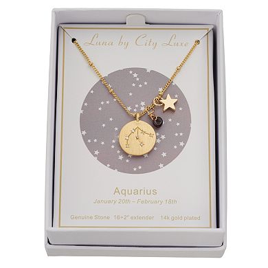 City Luxe Gold Tone Horoscope Cubic Zirconia Disk and Simulated Gemstone Charm Necklace