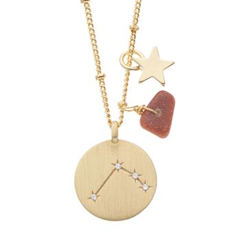 City Luxe Gold Tone Horoscope Cubic Zirconia Disk and Simulated Gemstone Charm Necklace