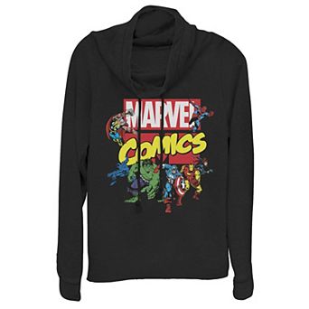 Juniors' Marvel D23 Exclusive Avengers Retro Comic Group Shot Logo Cowlneck Graphic Lightweight Long Sleeve