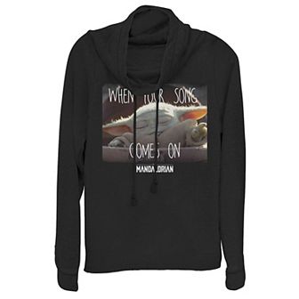 Juniors' Star Wars The Mandalorian Baby Yoda "When Your Song Comes On" Cowlneck Graphic Lightweight Long Sleeve