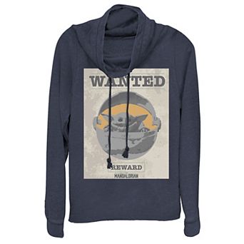 Juniors' Star Wars The Mandalorian The Child aka Baby Yoda Wanted Poster Cowlneck Graphic Lightweight Long Sleeve