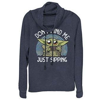 Juniors' Star Wars The Mandalorian The Child aka Baby Yoda "Just Sipping" Cowlneck Graphic Lightweight Long Sleeve