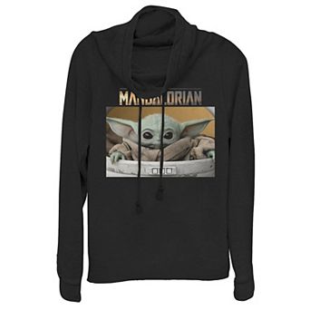 Juniors' Star Wars The Mandalorian The Child aka Baby Yoda Big Eyes Logo Cowlneck Graphic Lightweight Long Sleeve