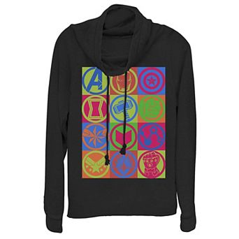 Juniors' Marvel Avengers: Endgame Colorful Symbol Box Up Cowlneck Graphic Lightweight Long Sleeve