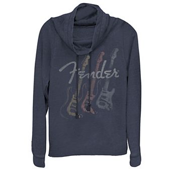 Juniors' Fender Stacked Guitar Faded Logo Cowlneck Graphic Lightweight Long Sleeve