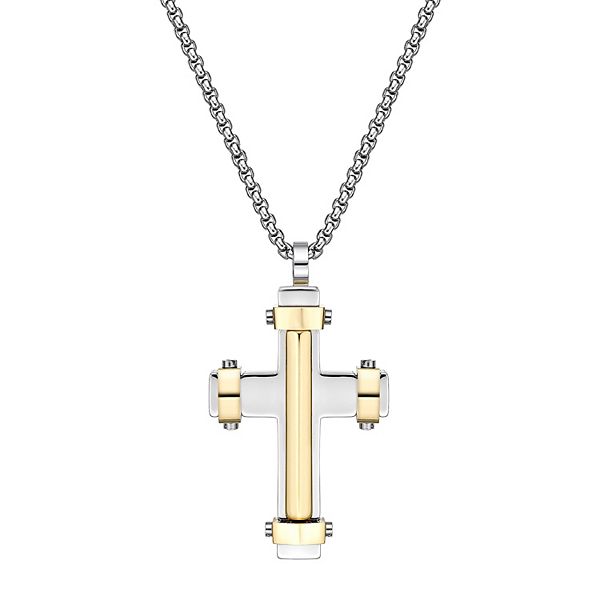 LYNX Men's Gold Tone IonPlated Stainless Steel Cross Pendant Necklace
