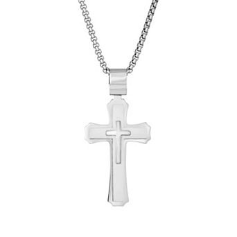 LYNX Men's Stainless Steel 3-Layer Cross Pendant Necklace