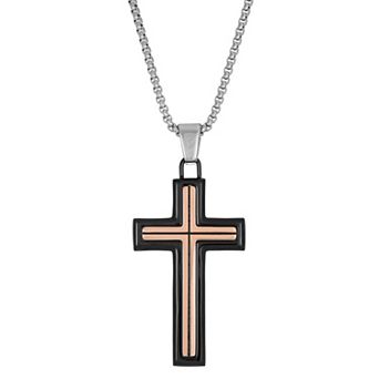 LYNX Men's Two Tone Stainless Steel Cross Pendant Necklace