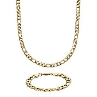 LYNX Gold Tone Ion-Plated Stainless Steel Figaro Chain Bracelet & Necklace Set