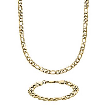 LYNX Gold Tone Ion-Plated Stainless Steel Figaro Chain Bracelet & Necklace Set