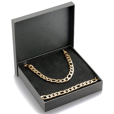 LYNX Men's Gold Tone Ion-Plated Stainless Steel Figaro Chain Bracelet & Necklace Set 
