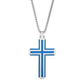 LYNX Men's Blue Ion-Plated Stainless Steel Cross Pendant Necklace