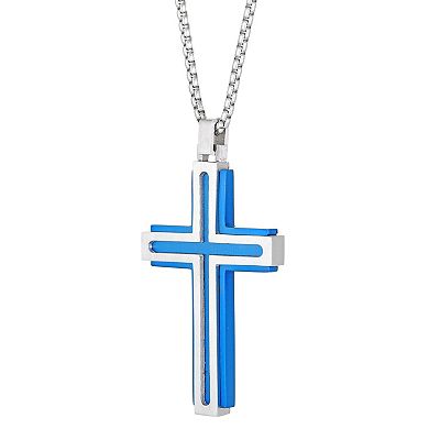 LYNX Men's Blue Ion-Plated Stainless Steel Cross Pendant Necklace