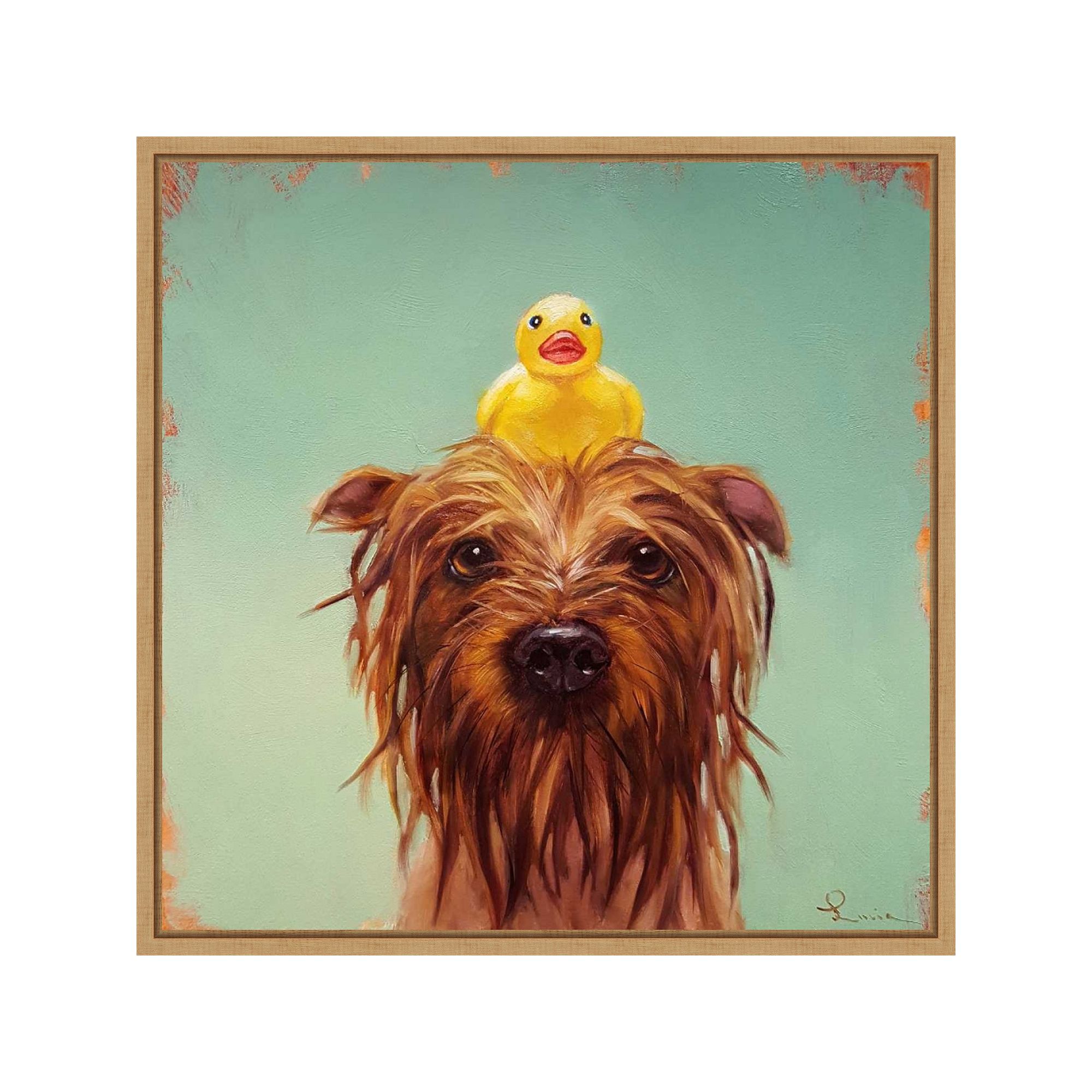 Amanti Art Bath Time Dog and Duck Framed Canvas Wall Art, Brown