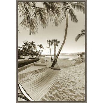 Amanti Art Hammock in the Shade of Palms Beach Framed Canvas Wall Art