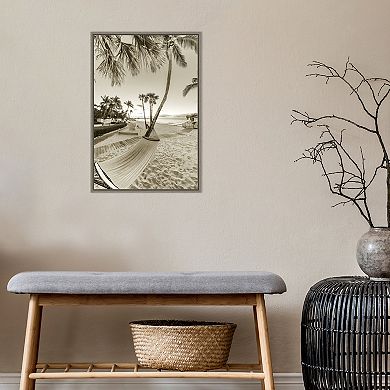 Amanti Art Hammock in the Shade of Palms Beach Framed Canvas Wall Art