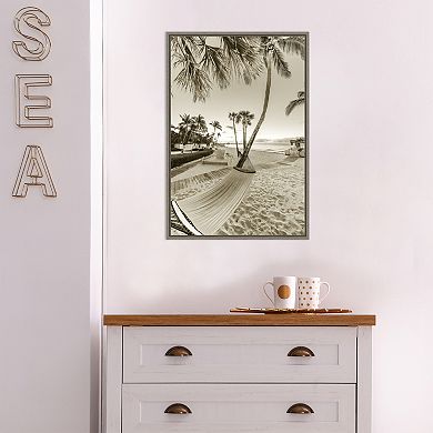 Amanti Art Hammock in the Shade of Palms Beach Framed Canvas Wall Art