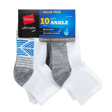 Boys Hanes Ultimate 10-Pack Double Tough Ankle Socks